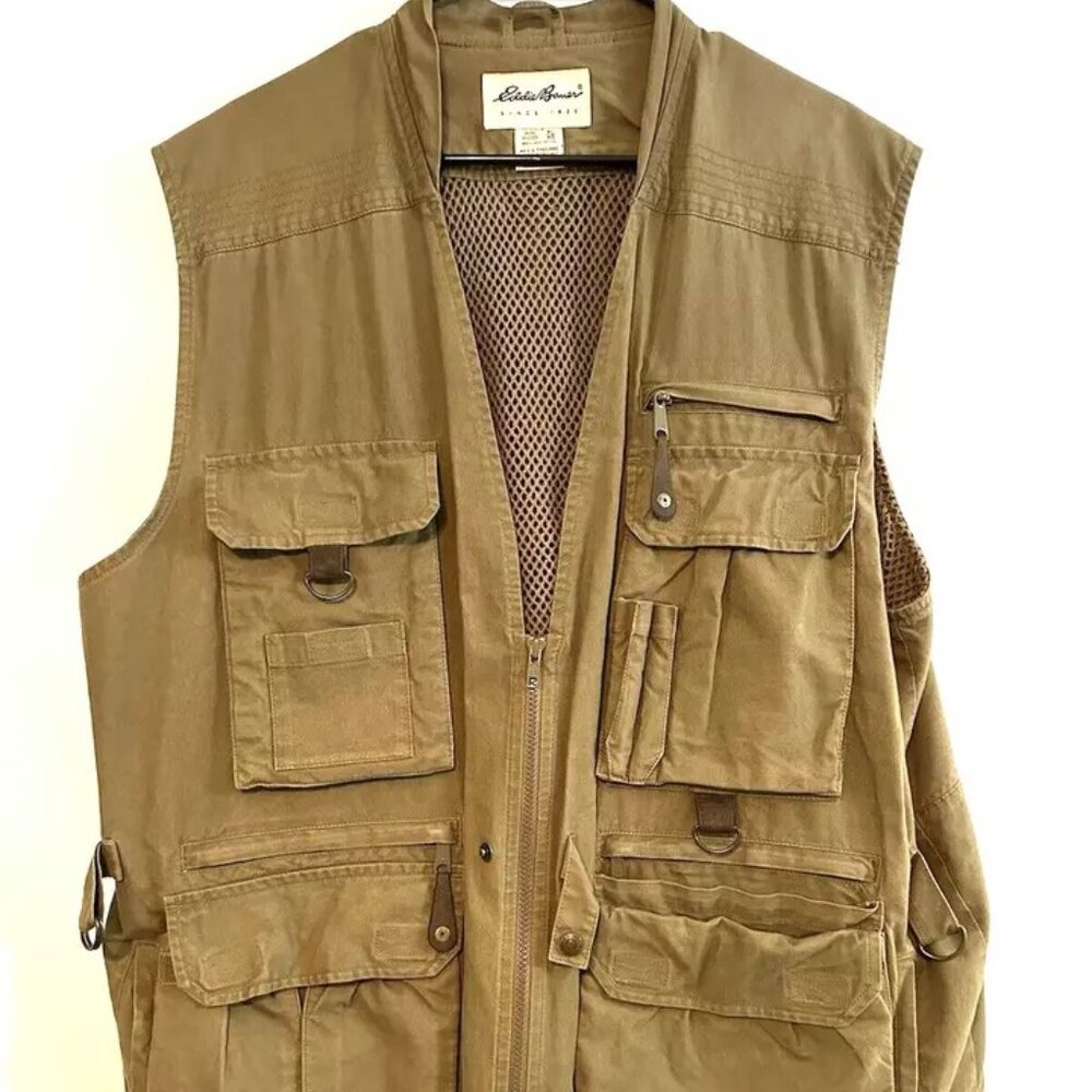 Eddie Bauer Rugged Multi Pocket Vented Cotton Fishing Hiking Travel Vest Size XL